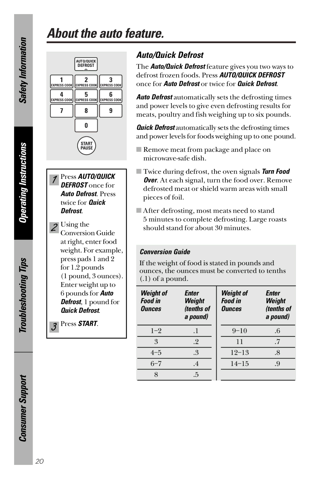 GE JVM1841 owner manual About the auto feature, Auto/Quick Defrost, Conversion Guide, Weight Enter Food Ounces, Pound 