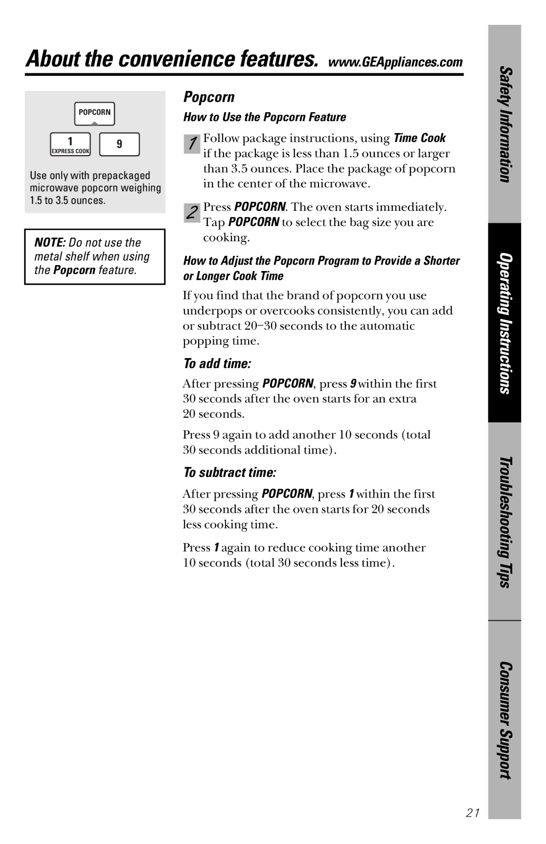 GE JVM1841 owner manual To add time, To subtract time, How to Use the Popcorn Feature 