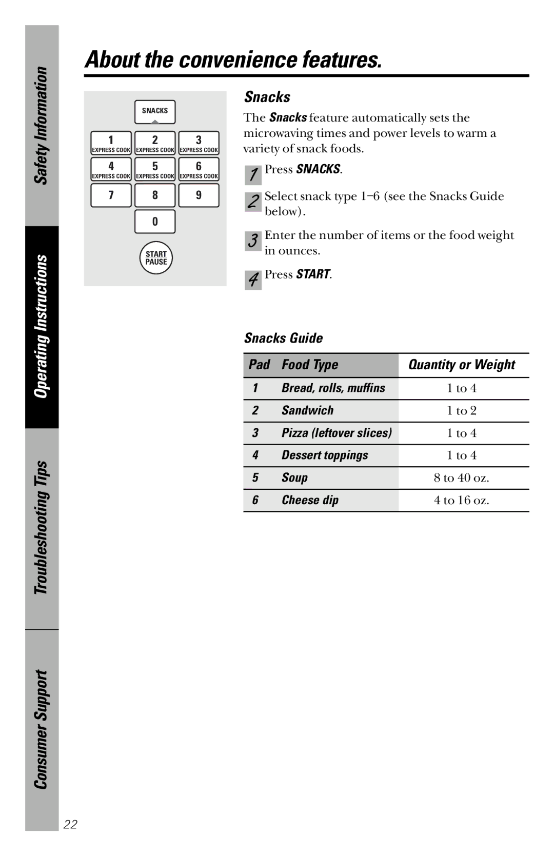 GE JVM1841 owner manual About the convenience features, Snacks Guide Pad Food Type 