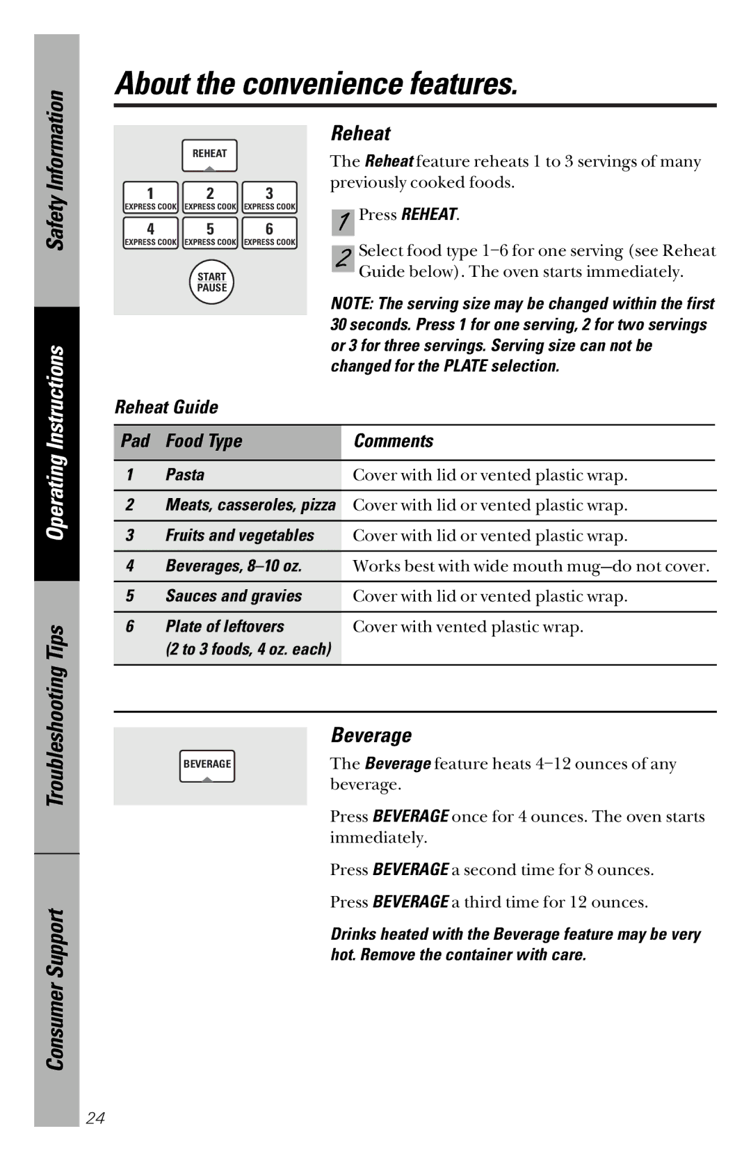 GE JVM1841 owner manual Beverage, Reheat Guide Pad Food Type Comments 