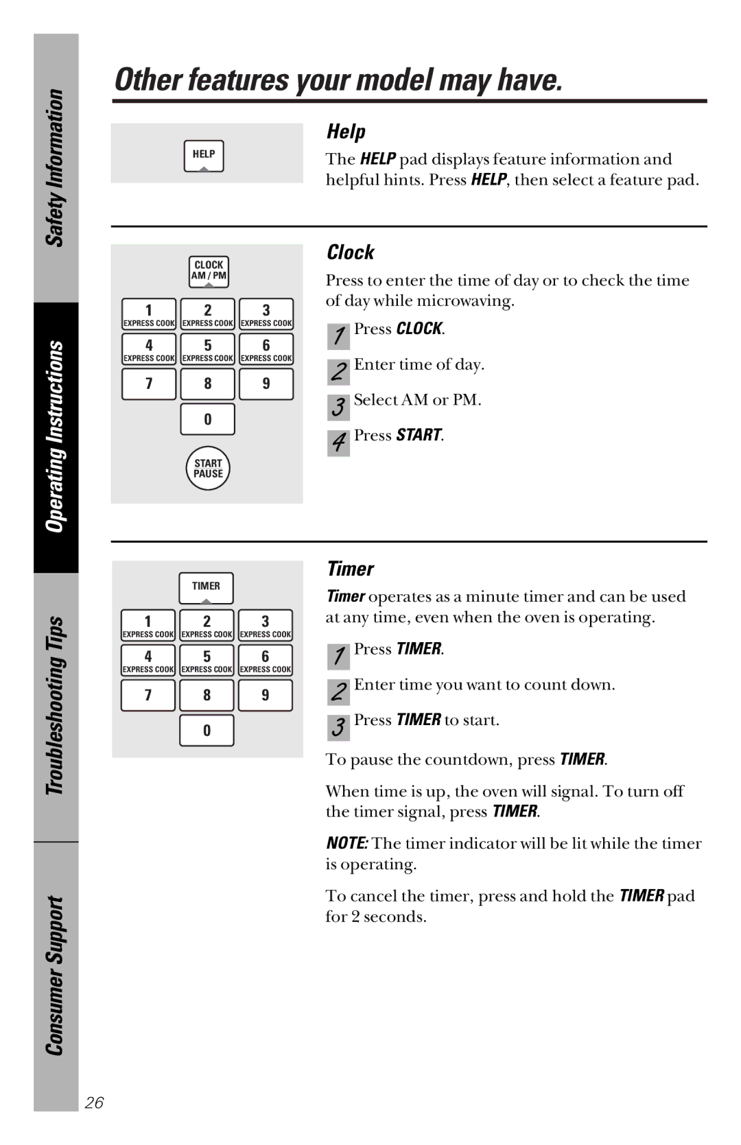 GE JVM1841 owner manual Other features your model may have, Help, Clock, Timer 