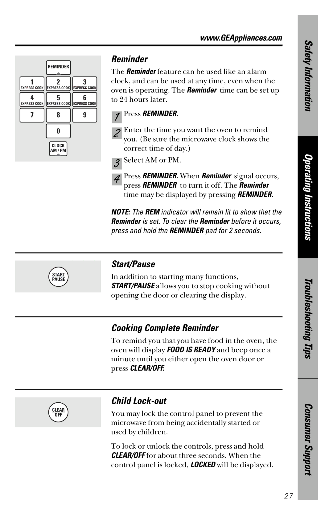 GE JVM1841 owner manual Start/Pause, Cooking Complete Reminder, Child Lock-out, Press Reminder 