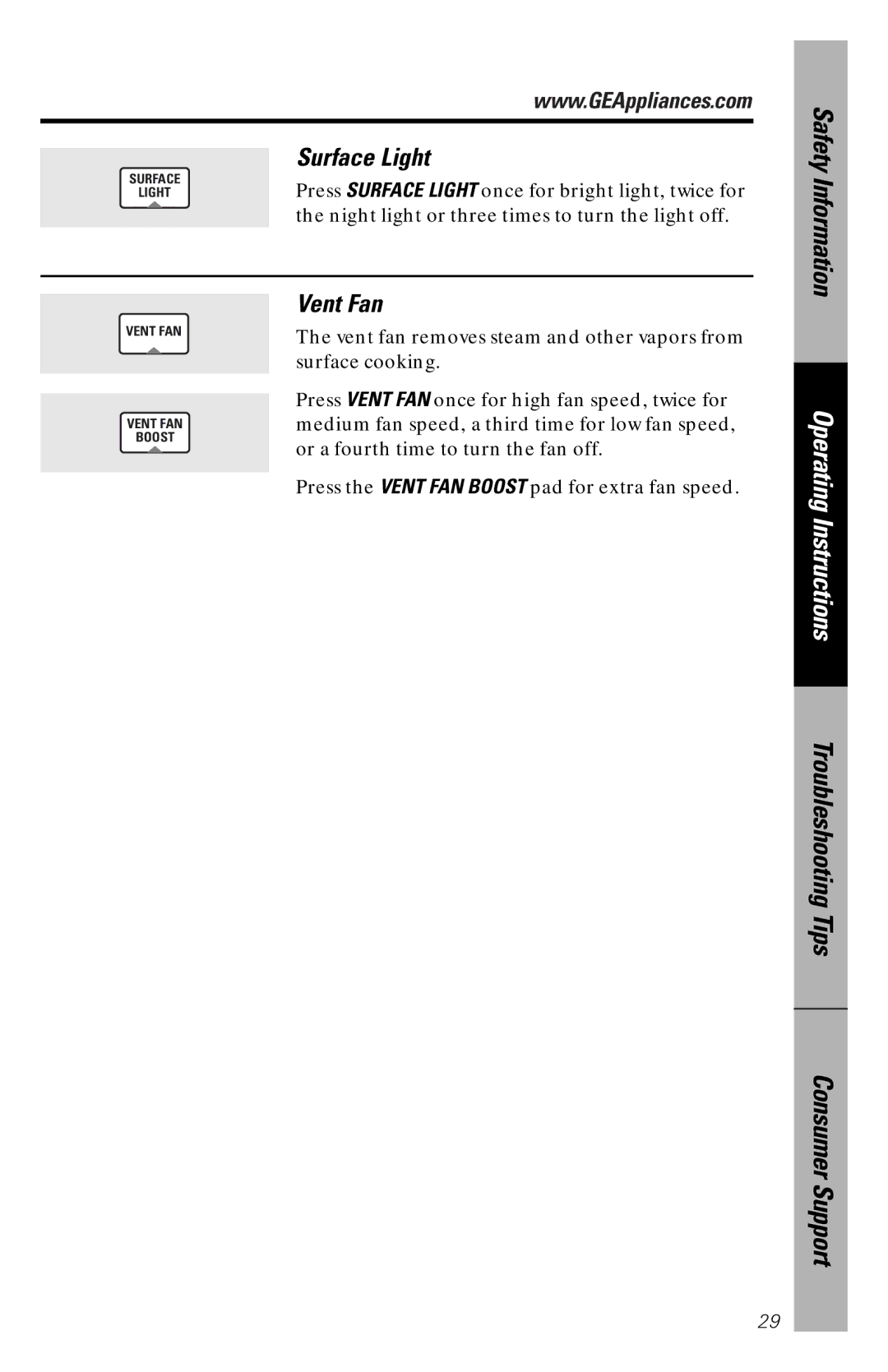 GE JVM1841 owner manual Surface Light, Vent Fan 