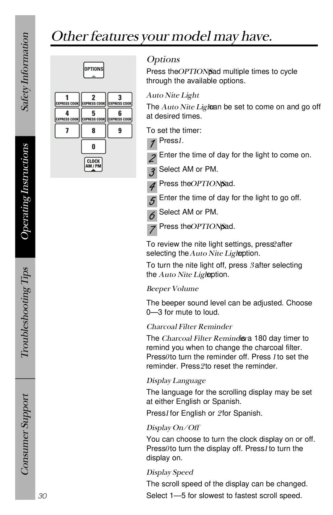 GE JVM1841 owner manual Options, Auto Nite Light, Beeper Volume, Display On/Off, Display Speed 