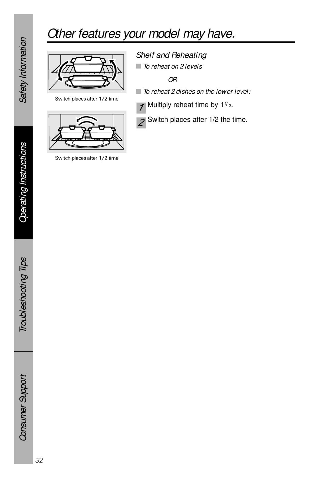 GE JVM1841 owner manual Shelf and Reheating, To reheat on 2 levels To reheat 2 dishes on the lower level 