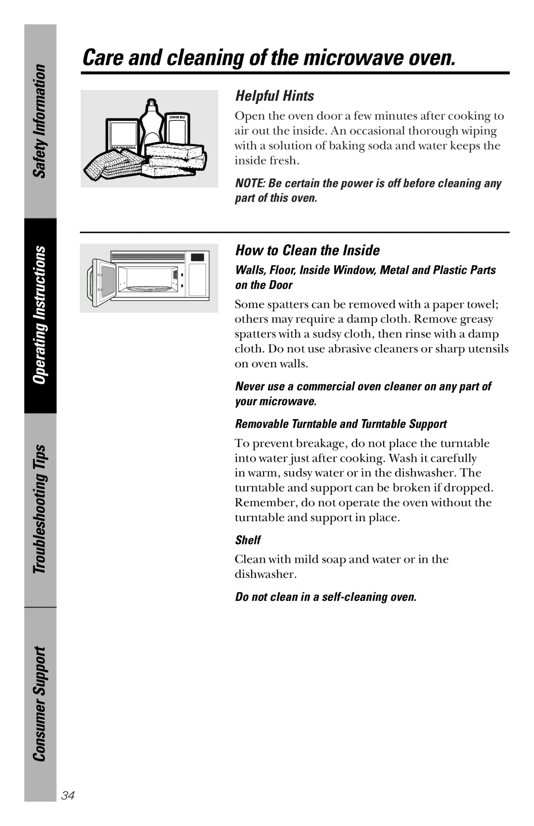 GE JVM1841 owner manual Helpful Hints, How to Clean the Inside, Shelf, Do not clean in a self-cleaning oven 