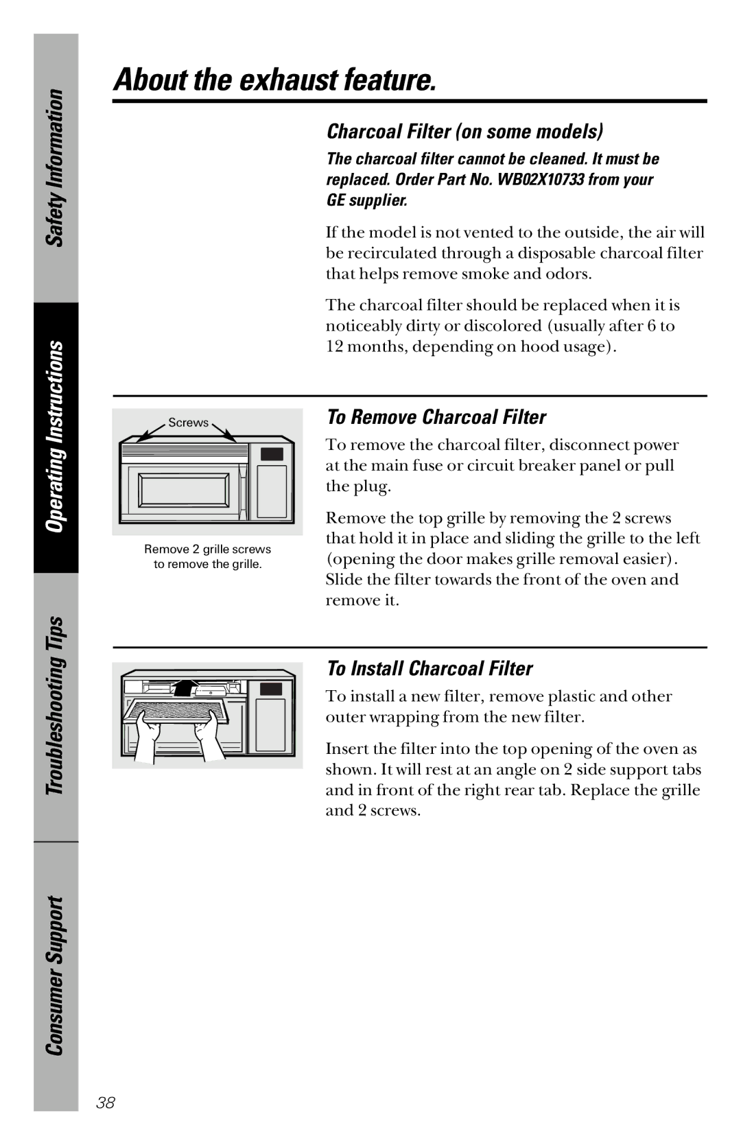 GE JVM1841 owner manual Charcoal Filter on some models, To Remove Charcoal Filter, To Install Charcoal Filter 