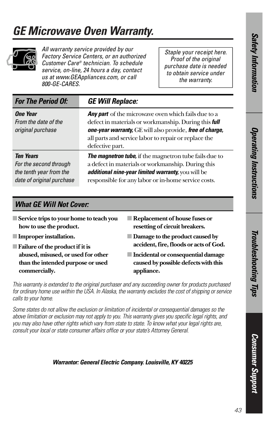 GE JVM1841 owner manual GE Microwave Oven Warranty, Information, GE Will Replace, What GE Will Not Cover 