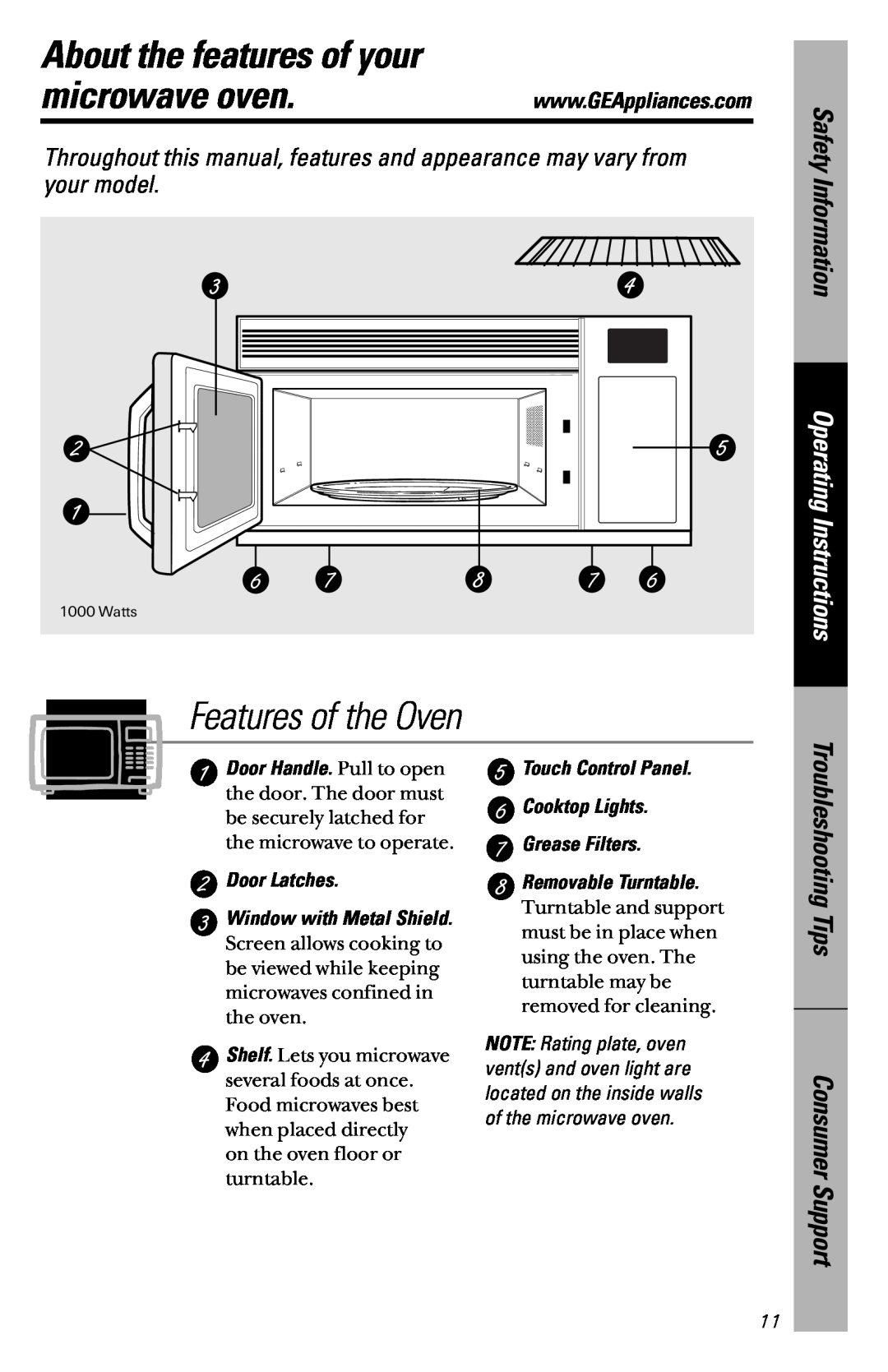 GE JVM1841 About the features of your, microwave oven, Features of the Oven, Safety Information, Operating Instructions 