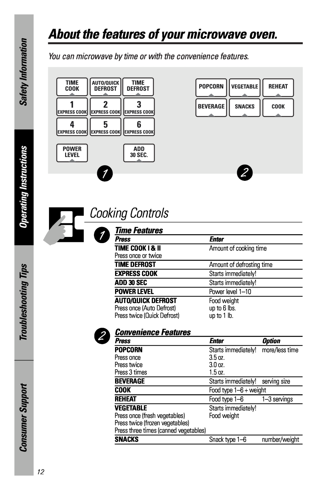 GE JVM1841 Cooking Controls, About the features of your microwave oven, Troubleshooting Tips Consumer Support, Press 