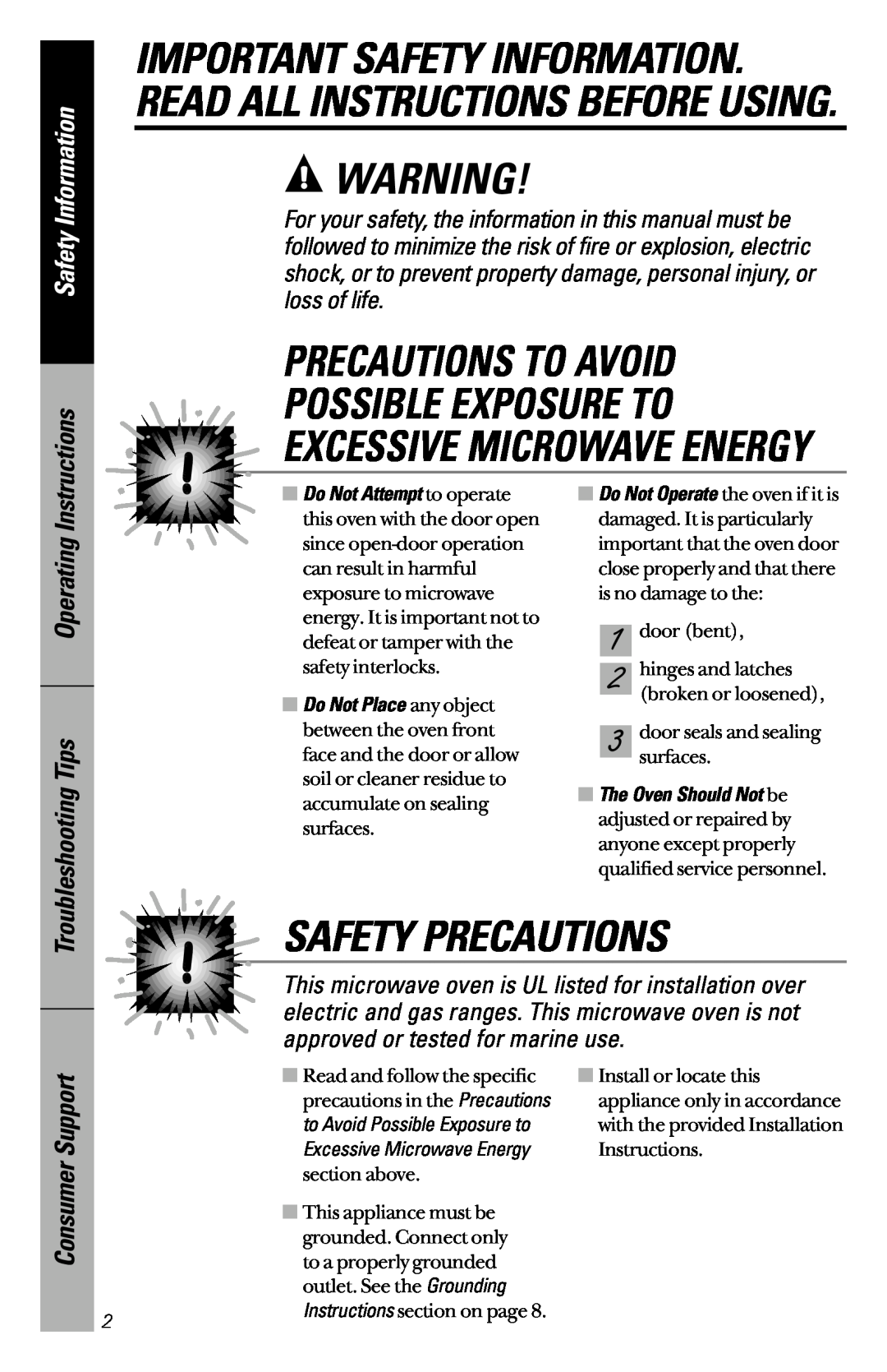 GE JVM1841 Precautions To Avoid Possible Exposure To, Safety Precautions, Excessive Microwave Energy, Safety Information 