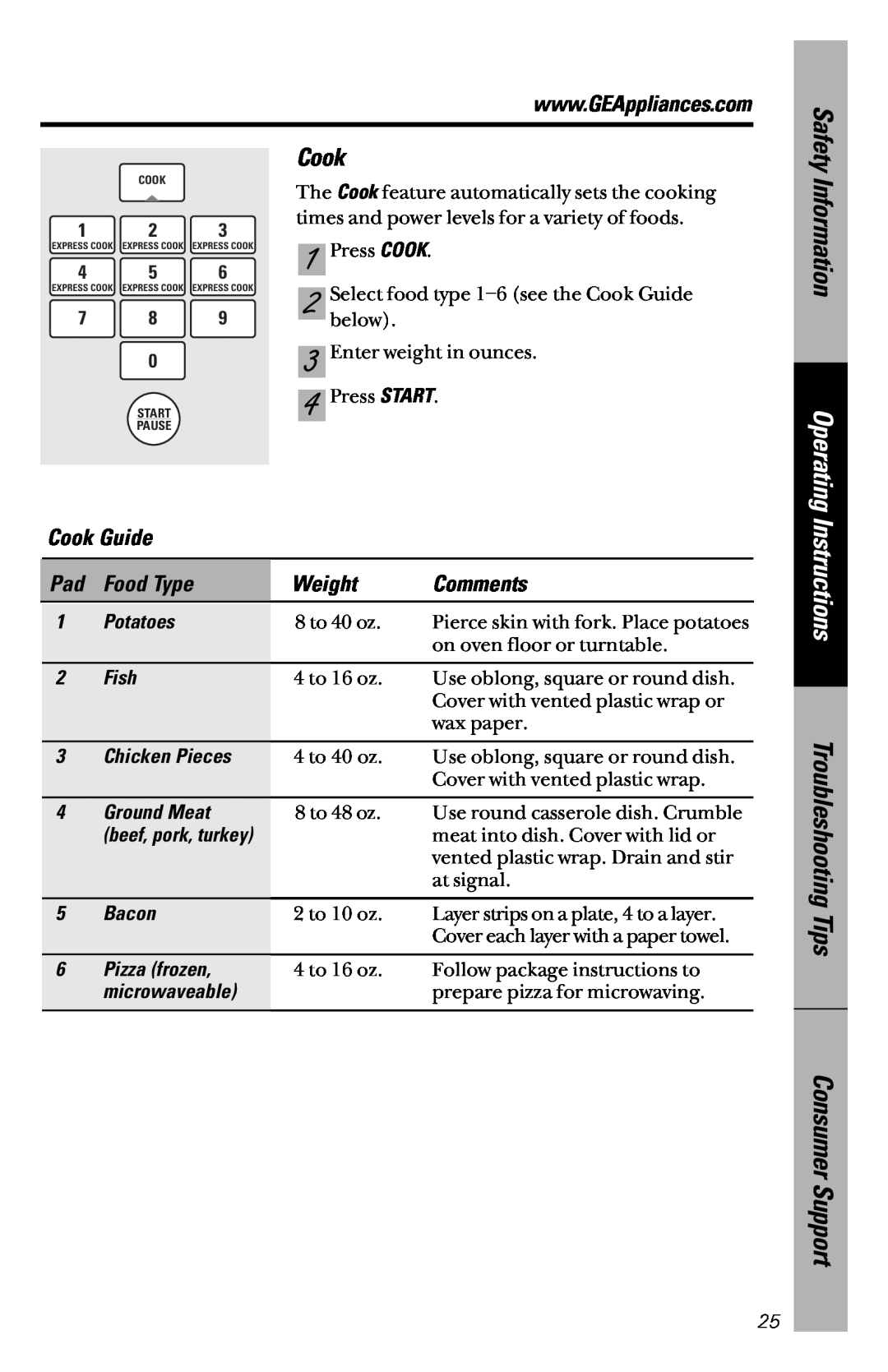 GE JVM1841 Operating, Information, Instructions, Troubleshooting Tips, Consumer Support, Cook Guide, Food Type, Weight 
