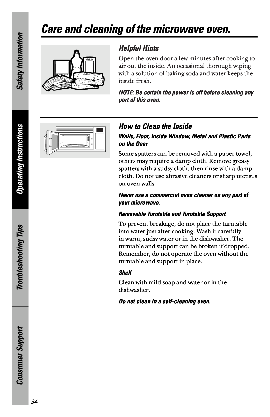 GE JVM1841 Care and cleaning of the microwave oven, Helpful Hints, How to Clean the Inside, Safety Information, Shelf 