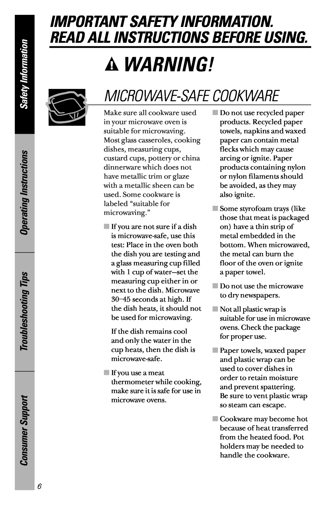 GE JVM1841 Microwave-Safe Cookware, Operating Instructions Troubleshooting Tips Consumer Support, Safety Information 