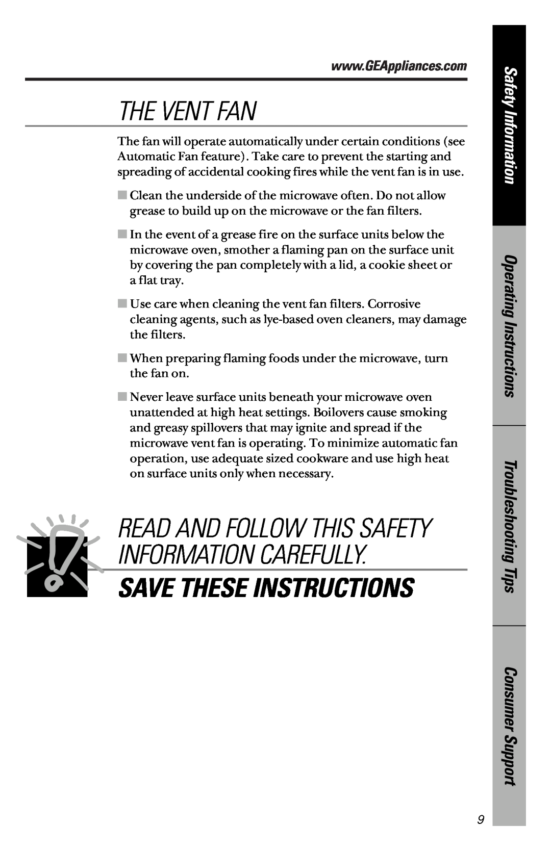 GE JVM1841 The Vent Fan, Save These Instructions, Read And Follow This Safety Information Carefully, Consumer Support 