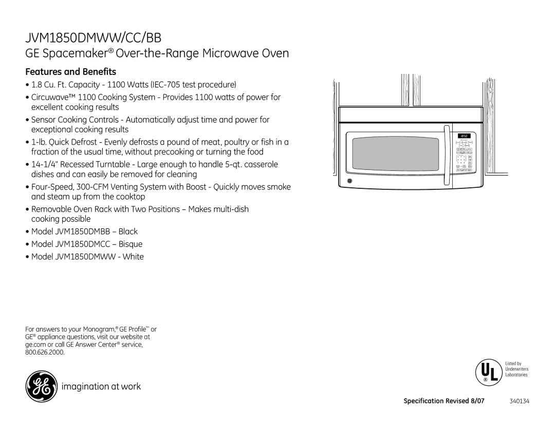 GE JVM1850DMWW, JVM1850DMCC, JVM1850DMBB installation instructions Features and Benefits 