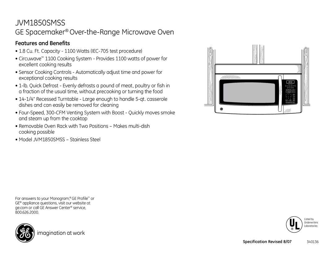 GE JVM1850SMSS dimensions Features and Benefits 