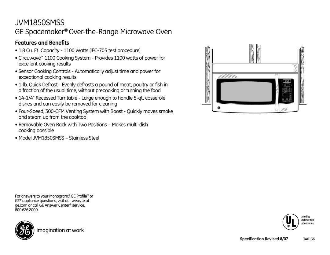 GE JVM1850SMSS dimensions GE Spacemaker Over-the-RangeMicrowave Oven, Features and Benefits 