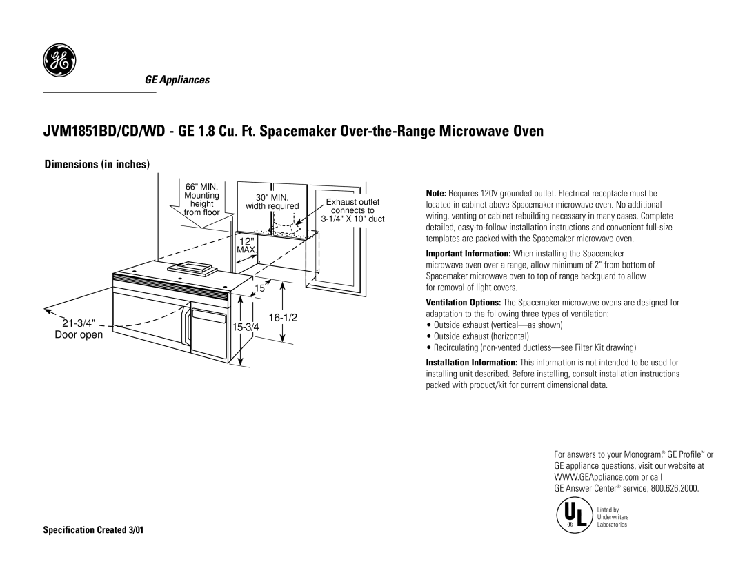 GE JVM1851CD, JVM1851BD dimensions Dimensions in inches, 21-3/4 16-1/2 15-3 /4 Door open 