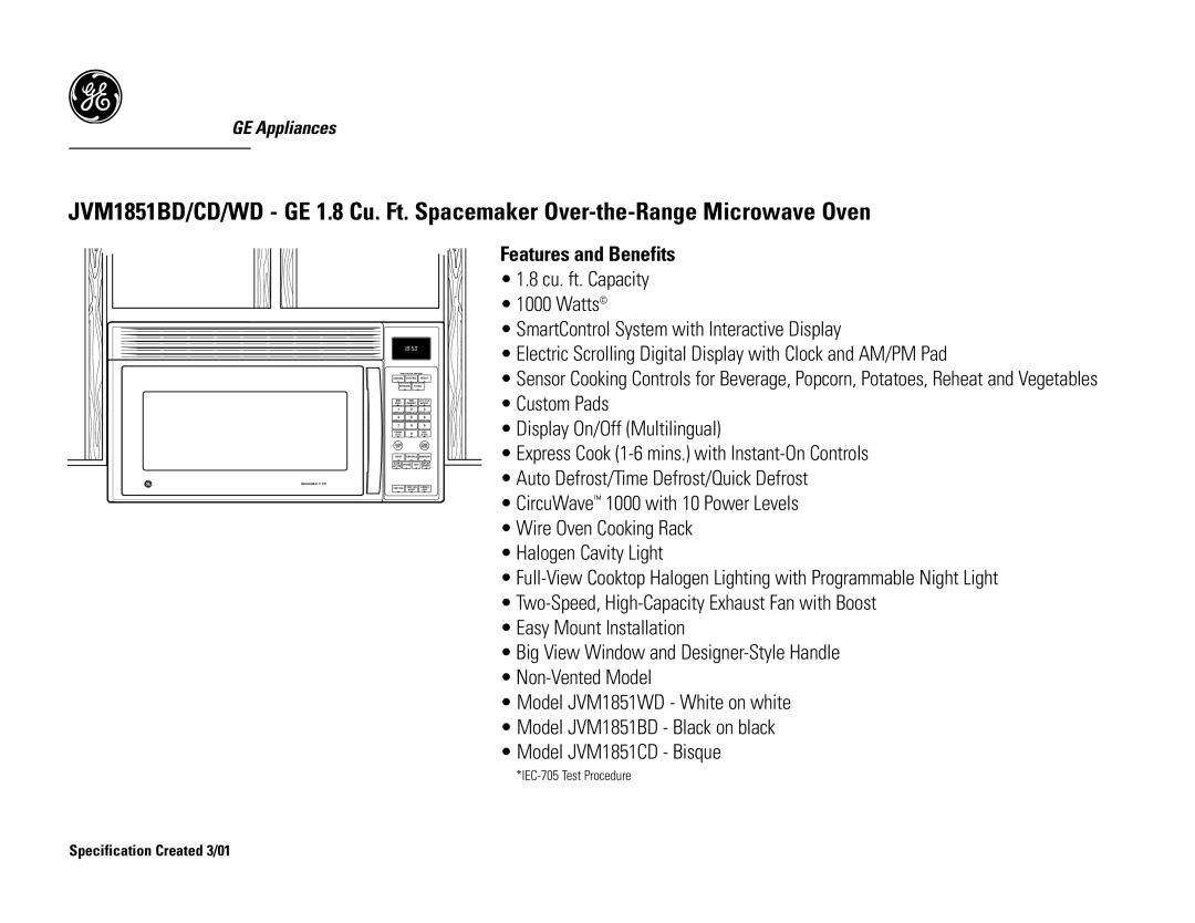 GE JVM1851BD, JVM1851CD dimensions Features and Benefits 