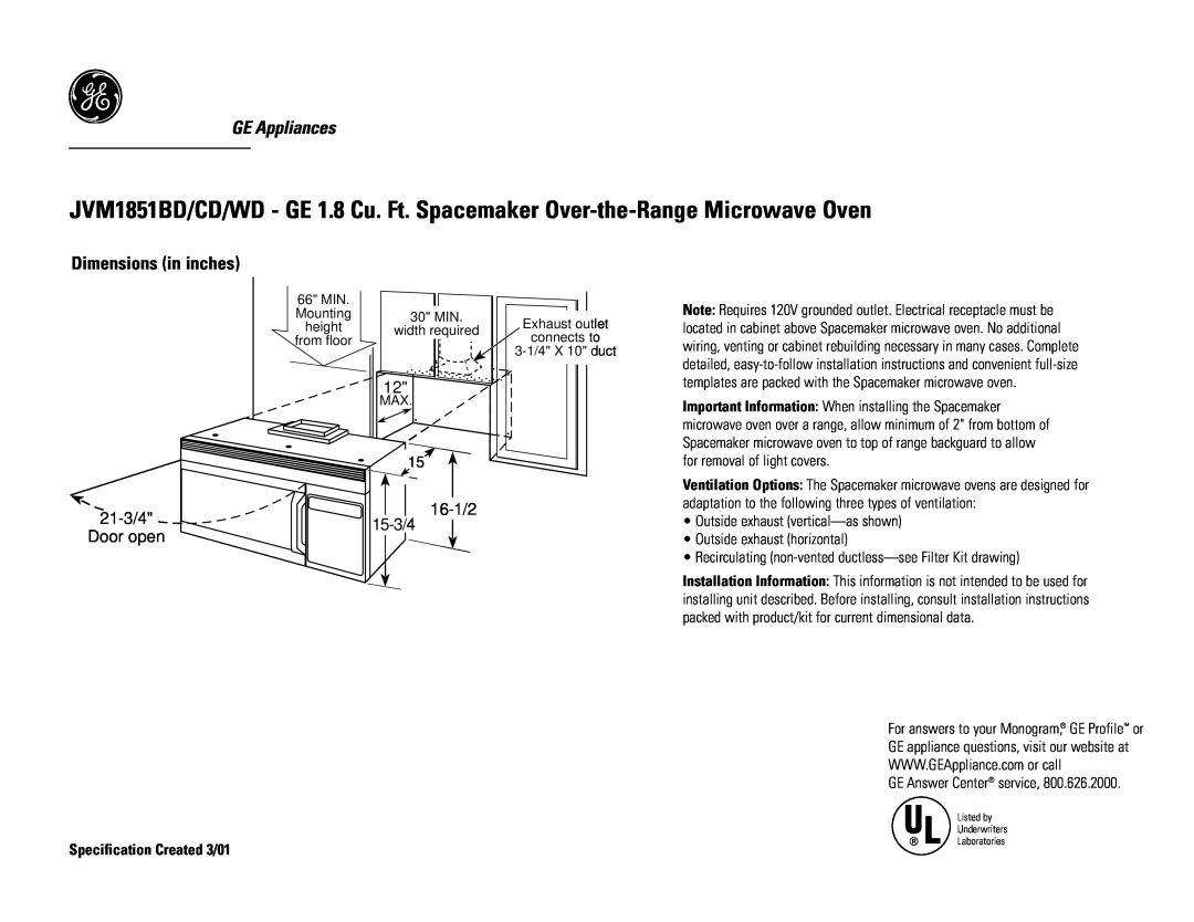 GE JVM1851CD dimensions GE Appliances, Dimensions in inches, 21-3/4, 16-1/2, 15-3/4, Door open, Outside exhaust horizontal 