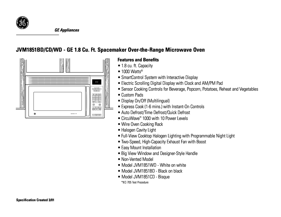 GE JVM1851BD, JVM1851CD dimensions Features and Benefits 
