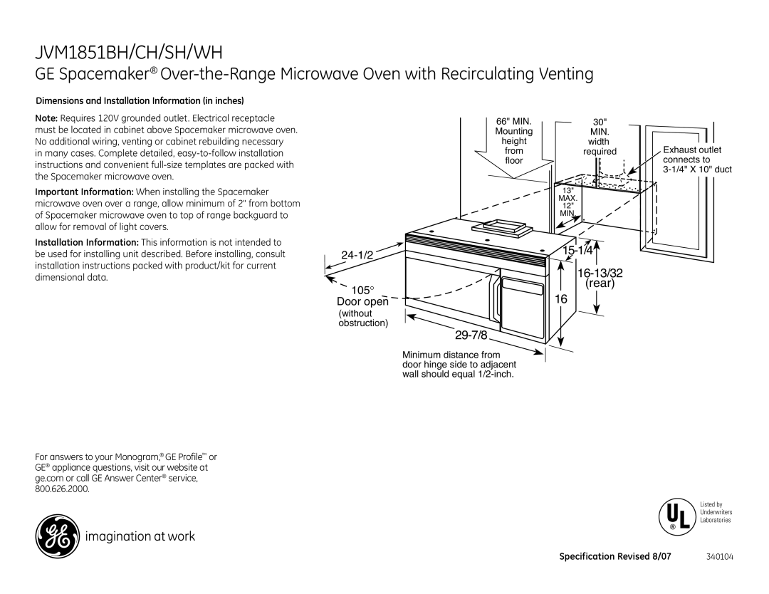 GE JVM1851CH, JVM1851WH, JVM1851BH dimensions Dimensions and Installation Information in inches, Specification Revised 8/07 