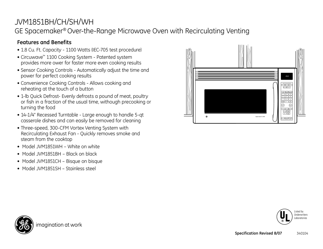 GE JVM1851SH, JVM1851WH, JVM1851CH, JVM1851BH dimensions Features and Benefits 