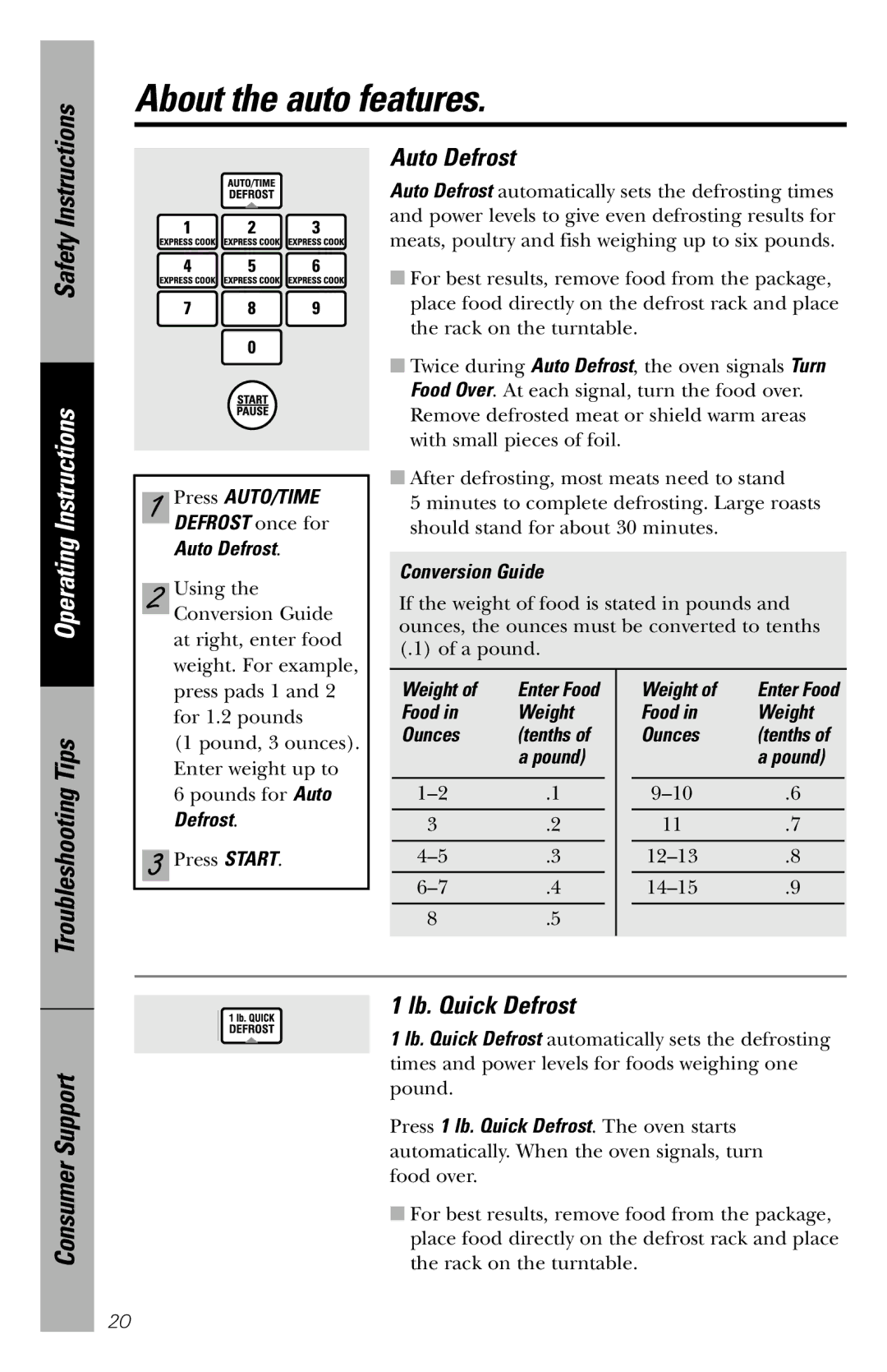 GE JVM1860SS owner manual About the auto features, Lb. Quick Defrost 