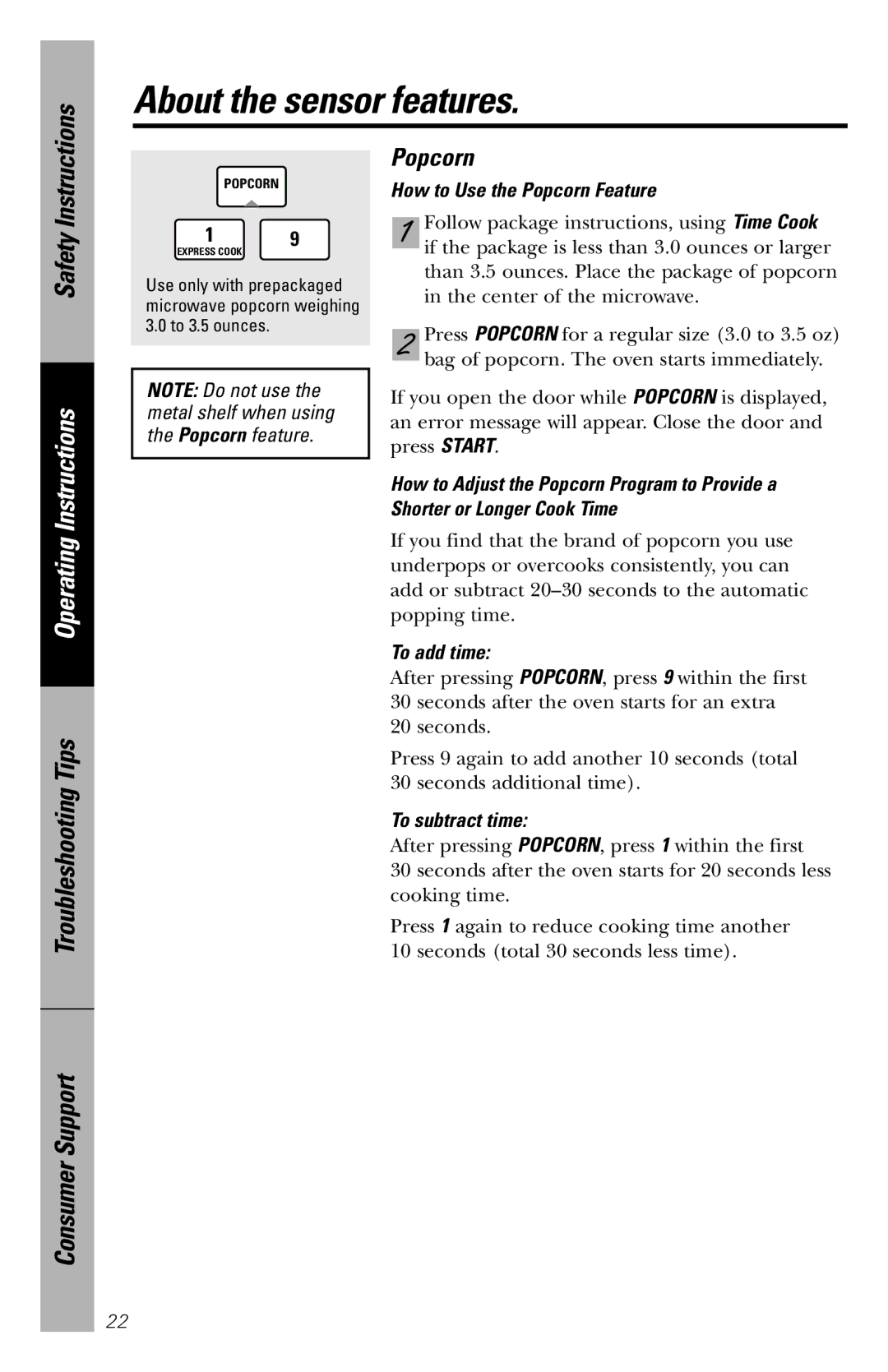 GE JVM1860SS owner manual How to Use the Popcorn Feature, To add time, To subtract time 