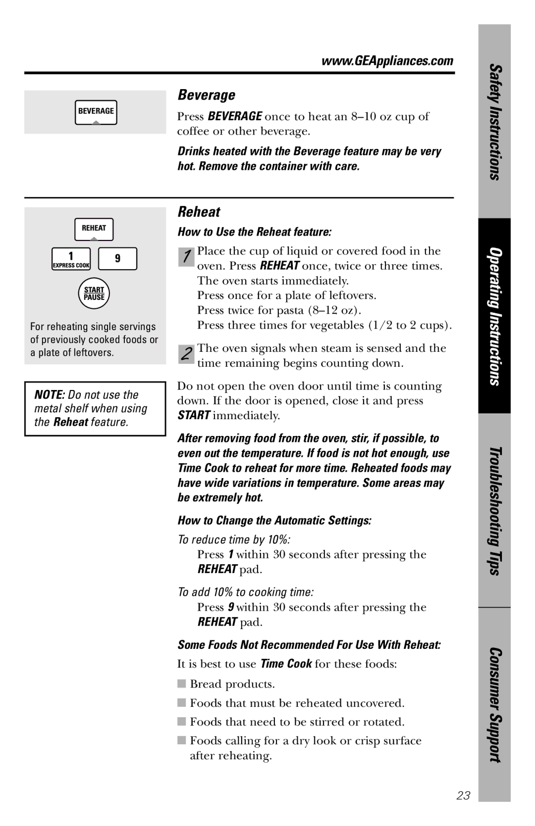 GE JVM1860SS owner manual Beverage, Safety Instructions, Reheat 