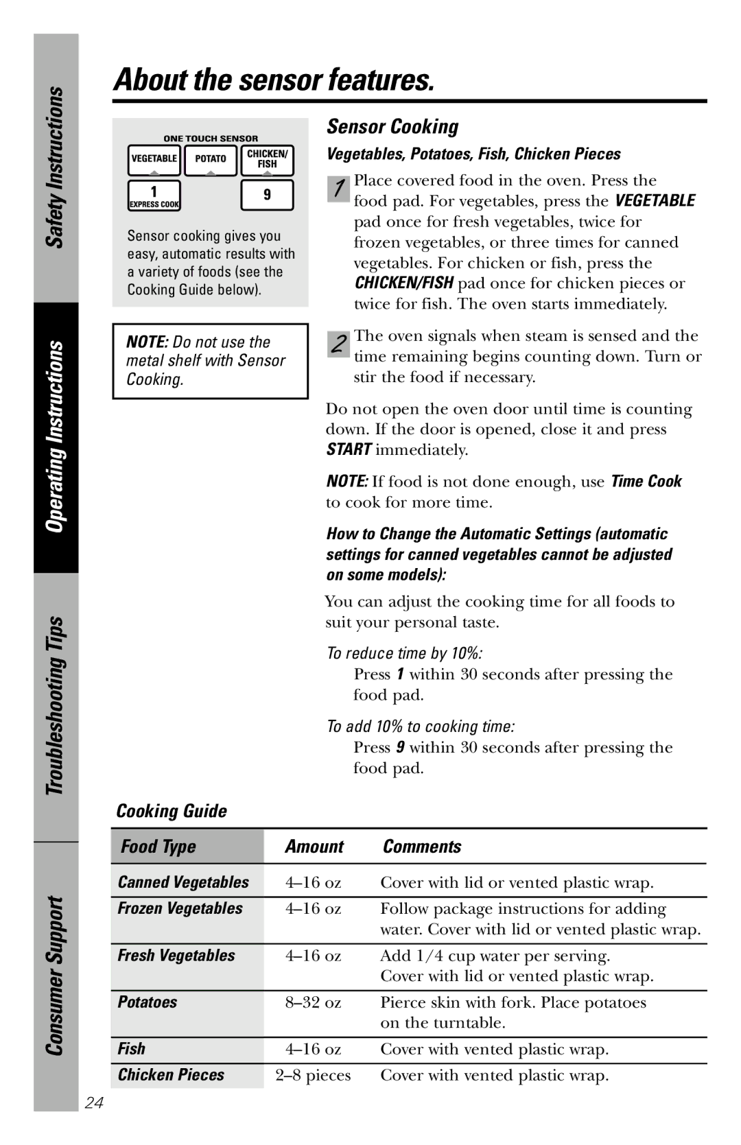 GE JVM1860SS owner manual Sensor Cooking 