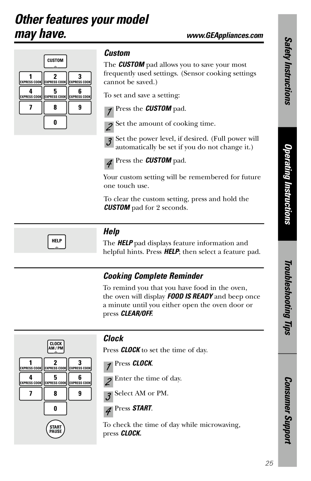 GE JVM1860SS owner manual Other features your model May have, Custom, Help, Cooking Complete Reminder, Clock 