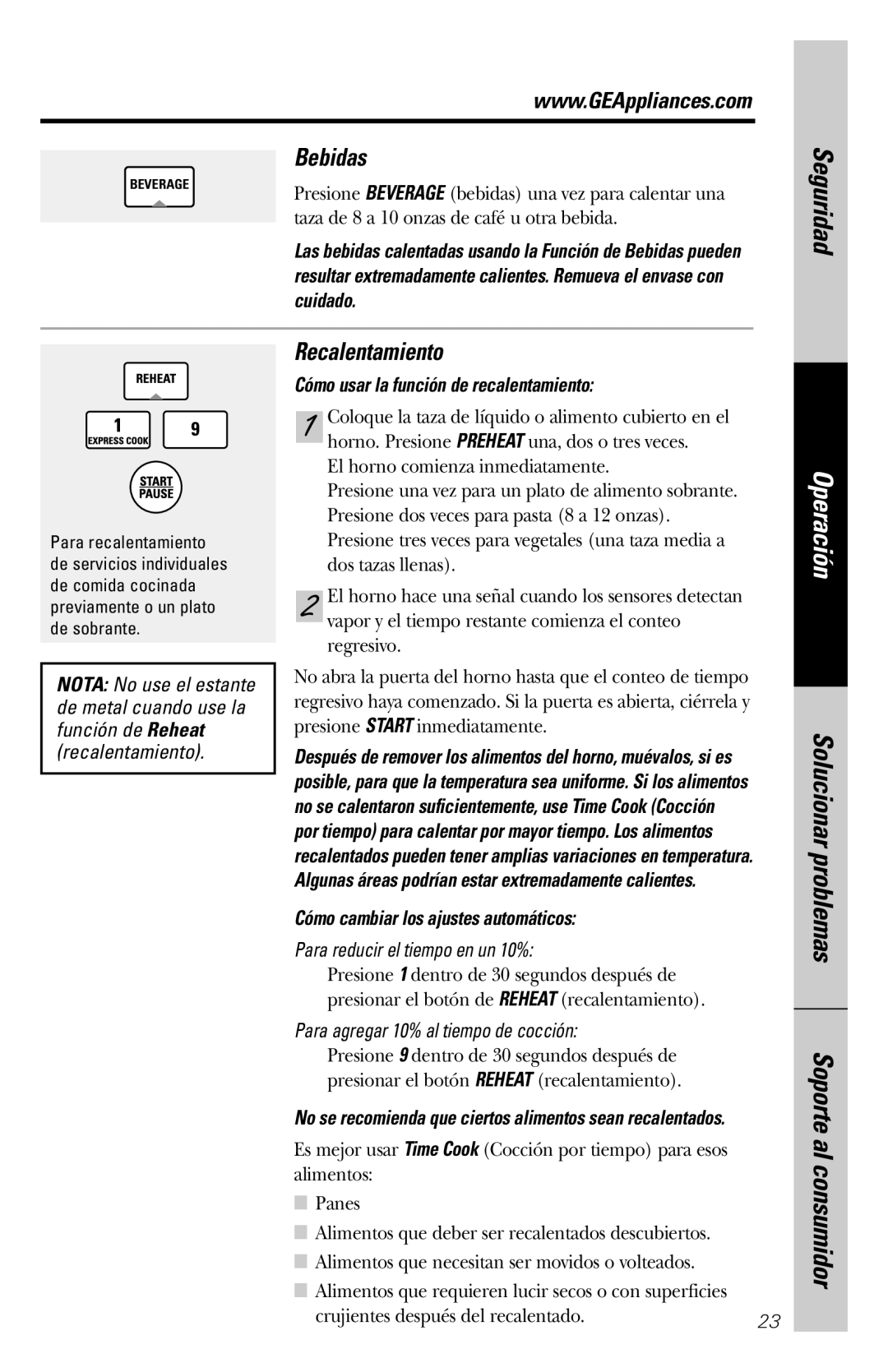 GE JVM1860SS owner manual Bebidas, Recalentamiento, Cuidado, Cómo usar la función de recalentamiento 