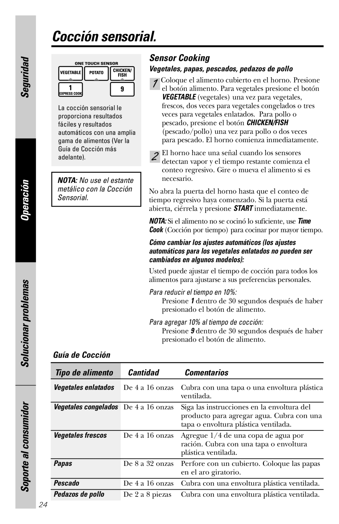 GE JVM1860SS owner manual Cocción sensorial 