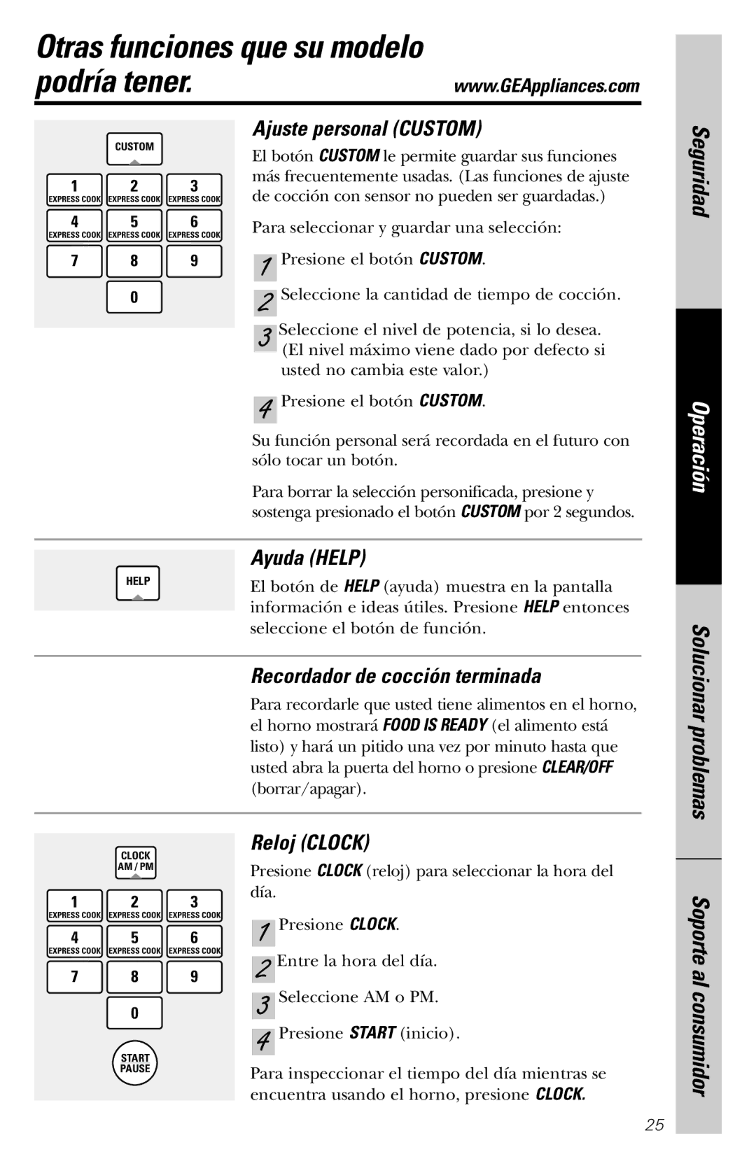 GE JVM1860SS owner manual Otras funciones que su modelo Podría tener, Ajuste personal Custom, Ayuda Help, Reloj Clock 