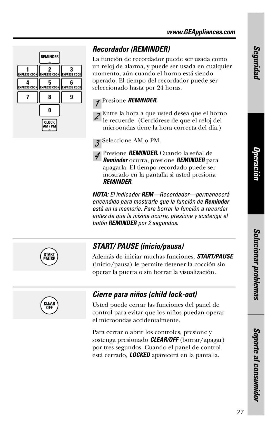 GE JVM1860SS owner manual Recordador Reminder, START/ Pause inicio/pausa, Cierre para niños child lock-out 