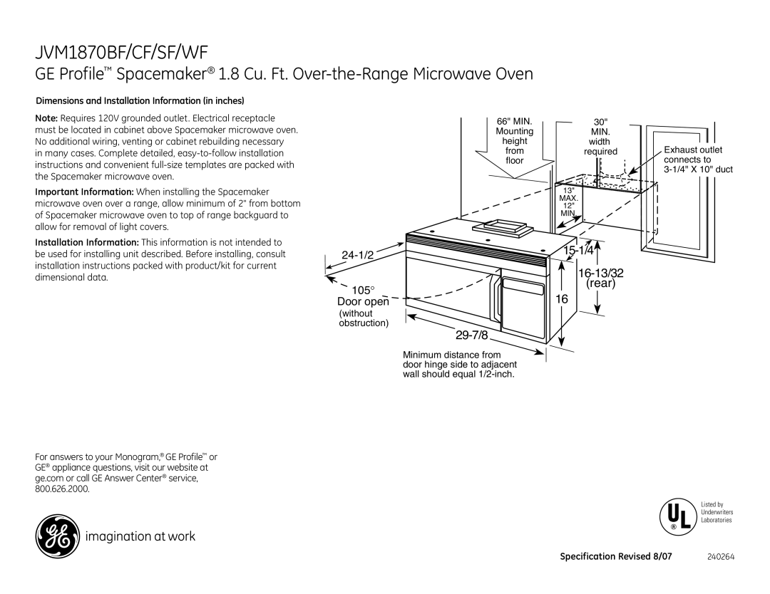 GE JVM1870BF dimensions Dimensions and Installation Information in inches, Specification Revised 8/07 