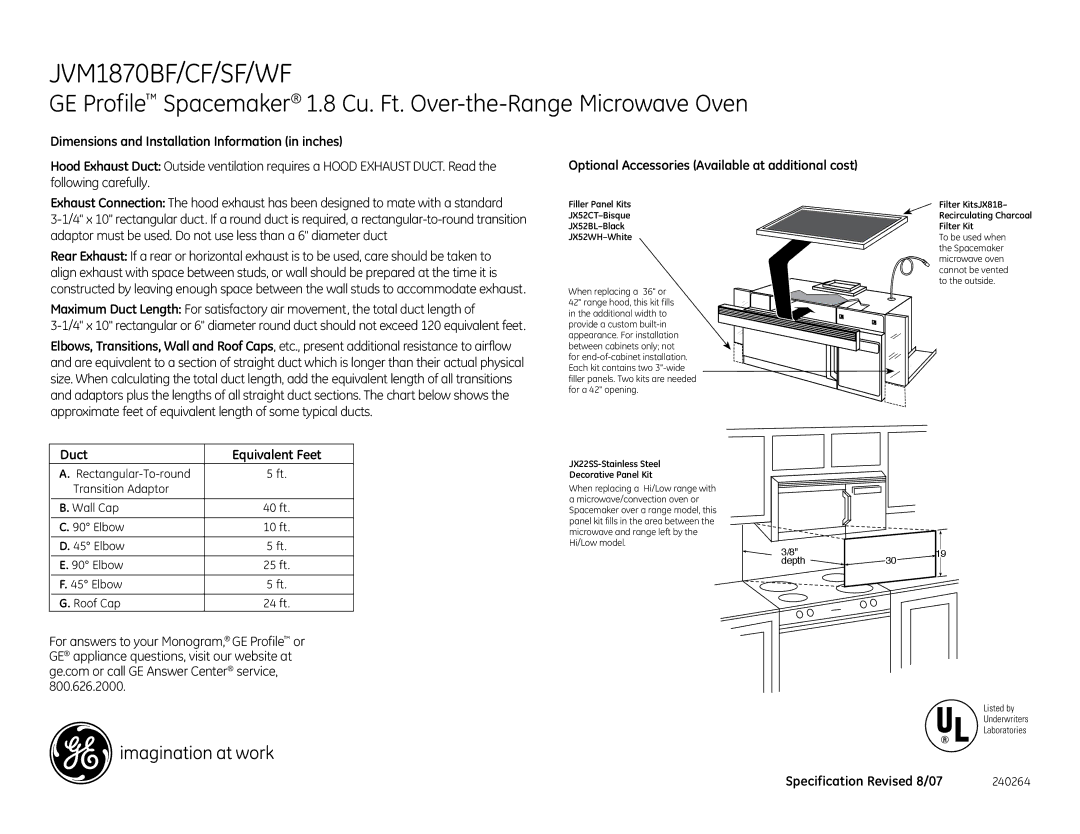 GE JVM1870BF dimensions Optional Accessories Available at additional cost, Duct Equivalent Feet 