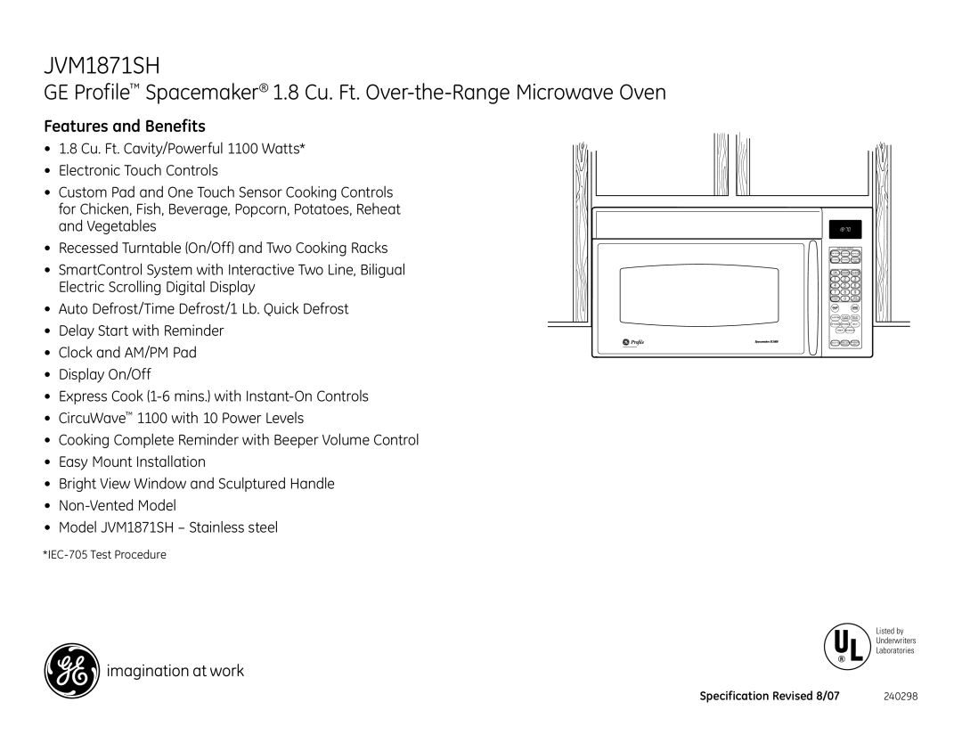 GE JVM1871SH, JVM1870WF, JVM1870CF dimensions Features and Benefits, IEC-705 Test Procedure 