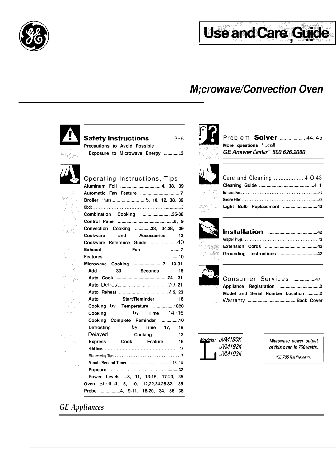 GE JVM193K, JVM190K manual Mcrowave/Convection Oven 