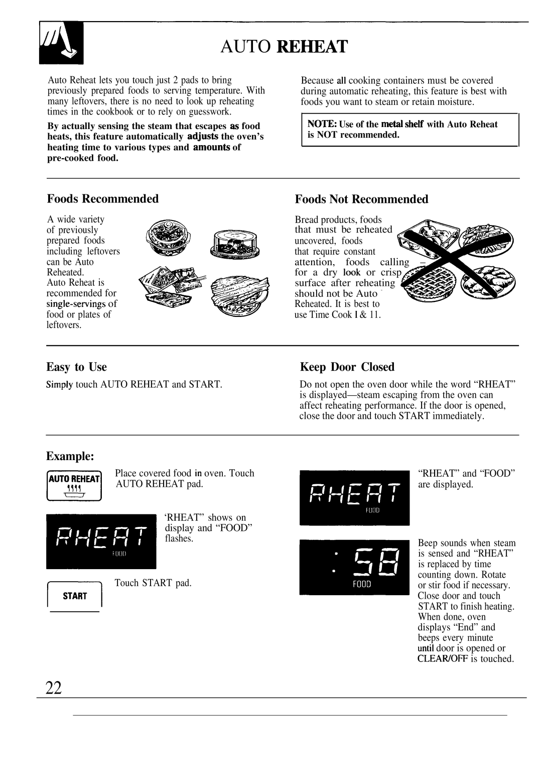 GE JVM190K Auto M~AT, Foods Recommended Foods Not Recommended, Easy to Use, Example, Simply touch Auto Reheat and Start 