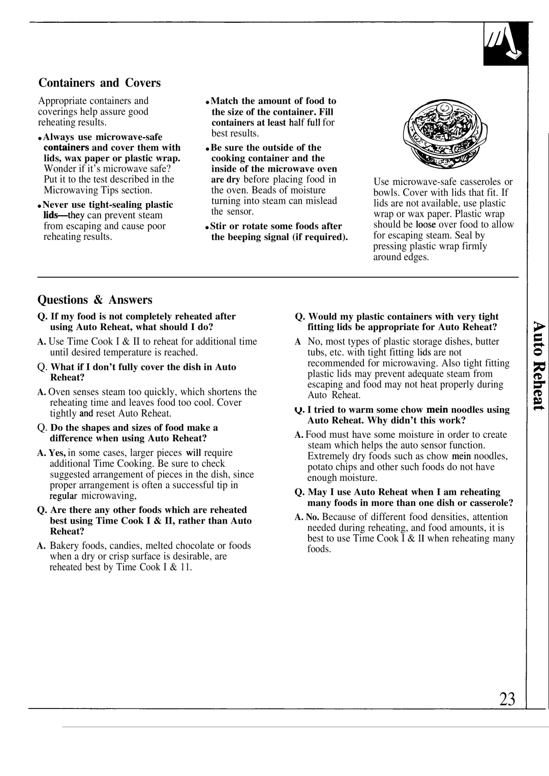 GE JVM193K, JVM190K manual Containers and Covers, Questions & Answers, What if I don’t fully cover the dish in Auto Reheat? 