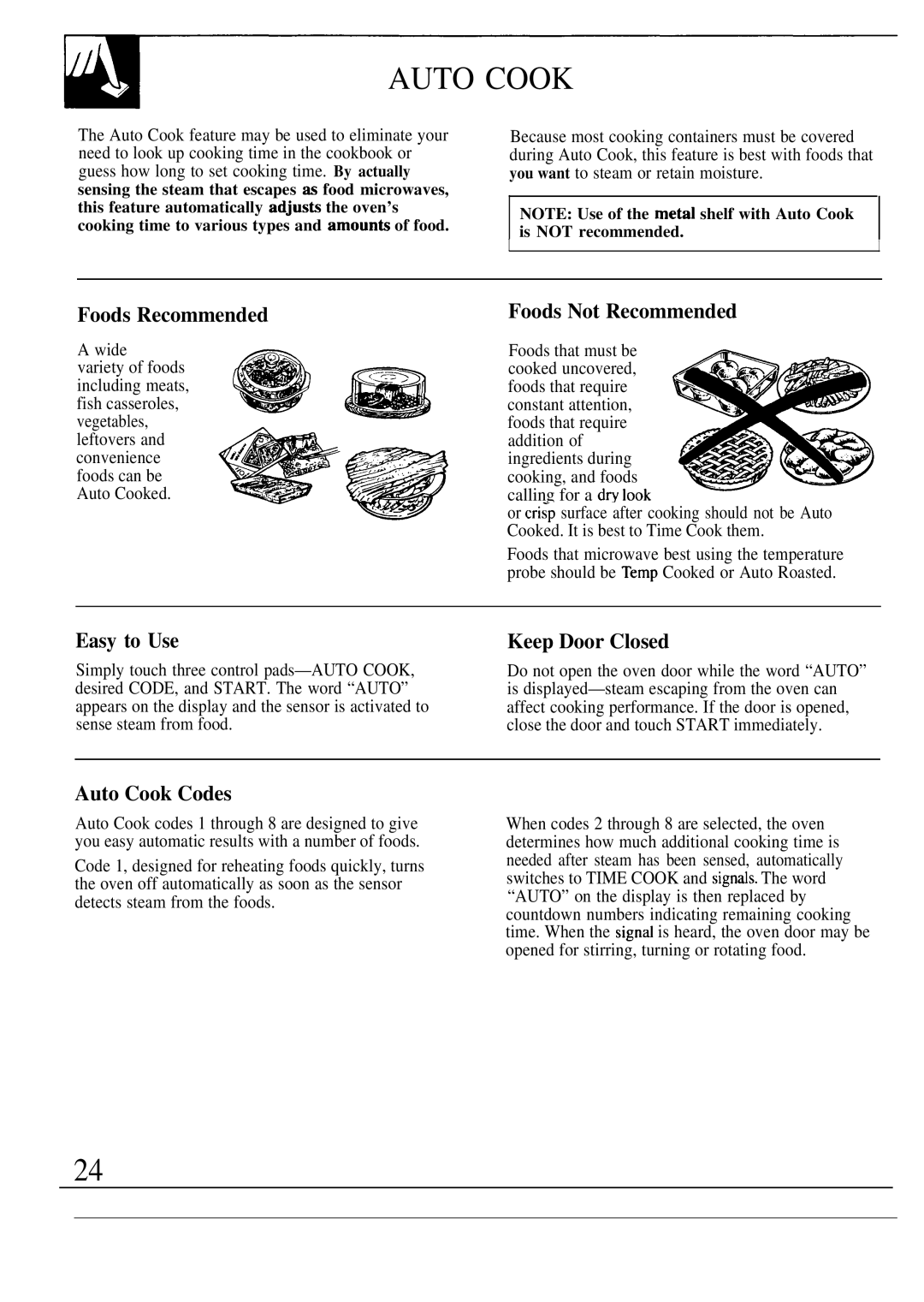 GE JVM190K, JVM193K manual Foods Recommended, Keep Door Closed, Auto Cook Codes 