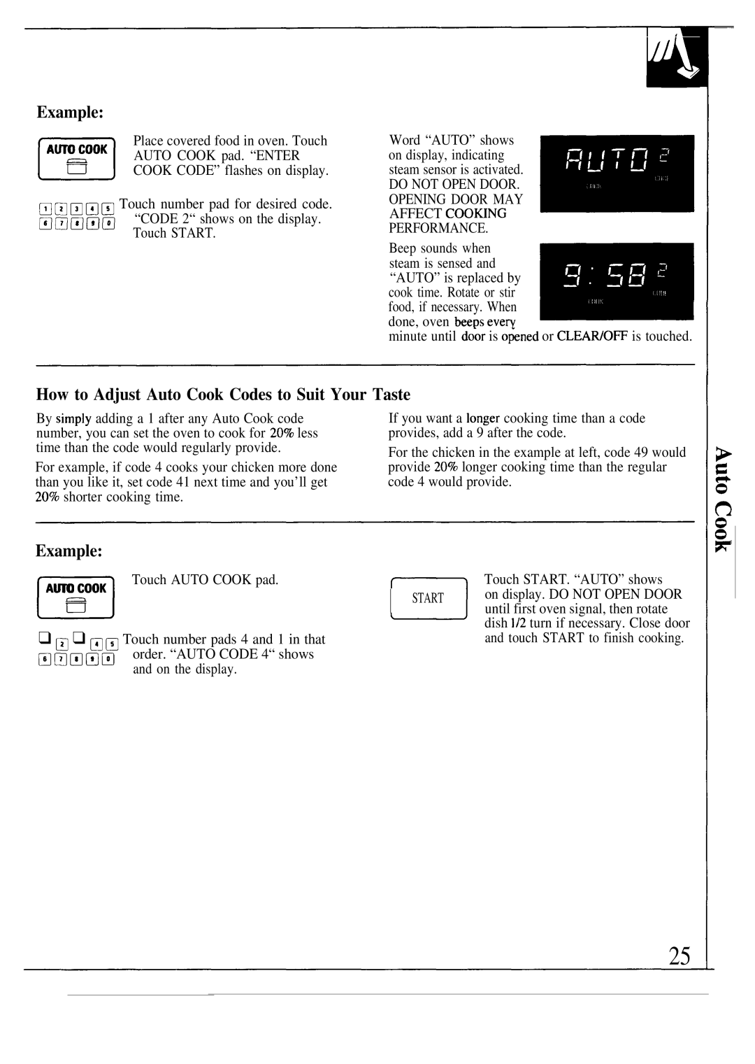 GE JVM193K, JVM190K manual How to Adjust Auto Cook Codes to Suit Your Taste, Place covered food in oven. Touch 