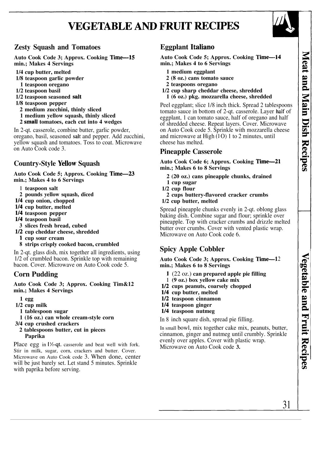 GE JVM193K Zesty Squash and Tomatoes, Country-Style YeUow Squash, Corn Pudding, Eggplant Italiano, Pineapple Casserole 