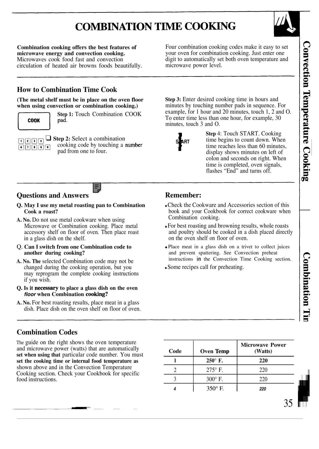 GE JVM193K, JVM190K manual How to Combination Time Cook, Combination Codes, Remember, Some recipes call for preheating 