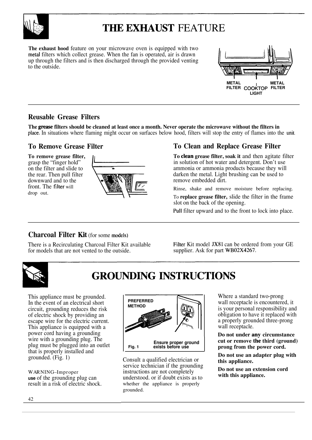 GE JVM190K, JVM193K manual Gro~~G ~Structions, ~ EX~UST Feature, Reusable Grease Filters, To Remove Grease Filter 