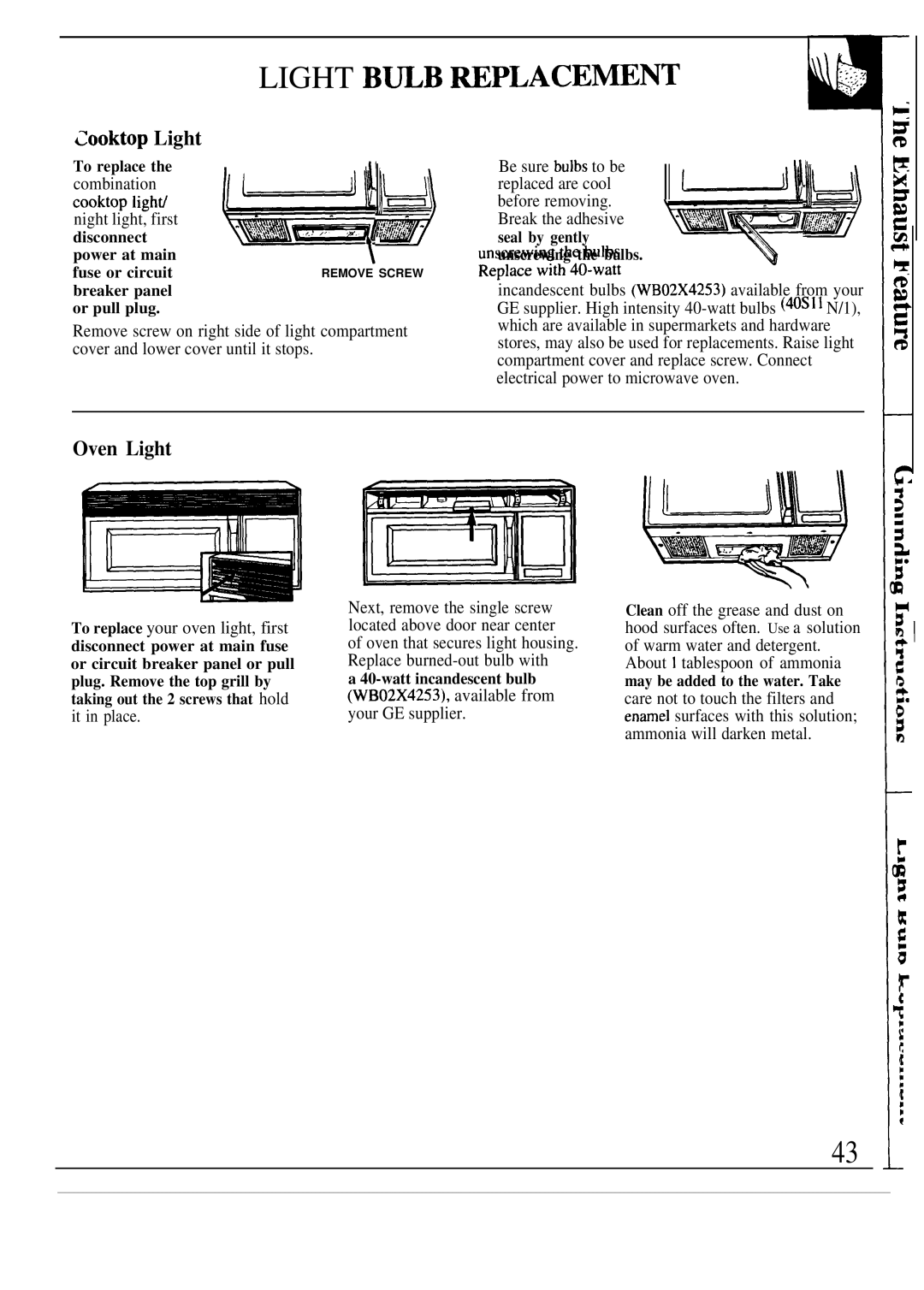 GE JVM193K, JVM190K Light B~B ~PLACEmNT, Cooktop Light, Oven Light, Combination Cooktop lighti Night light, first, ~~ ~ 