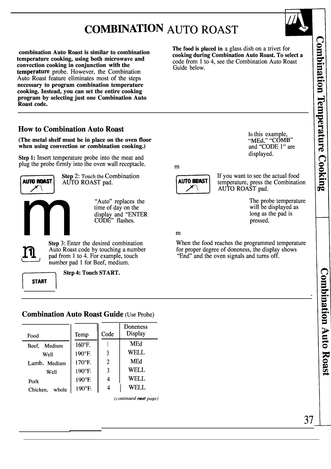 GE JVM193K, JVM190K manual CO~mATION AUTO ROAST, How to Combination Auto Roast, Combination Auto Roast Guide Use Probe 